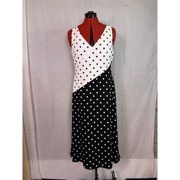 Lauren Ralph Lauren Black & White Polka Dot Midi Dress Size 8 Stretch E284 - Picture 1 of 11